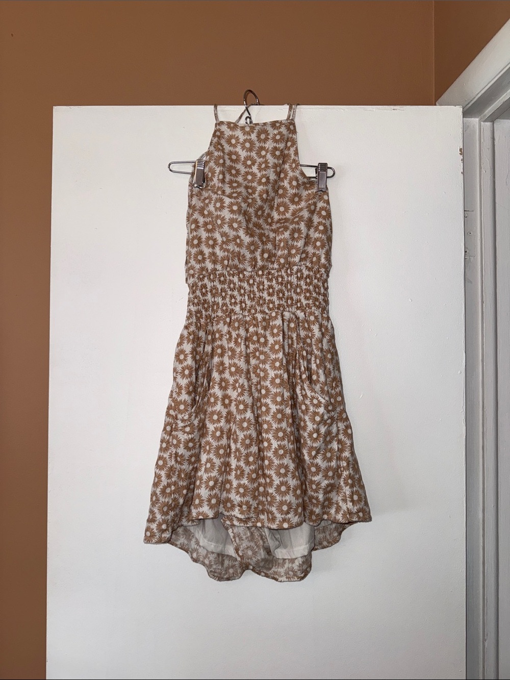 American Eagle Smocked Waist Floral Romper in Tan & Cream